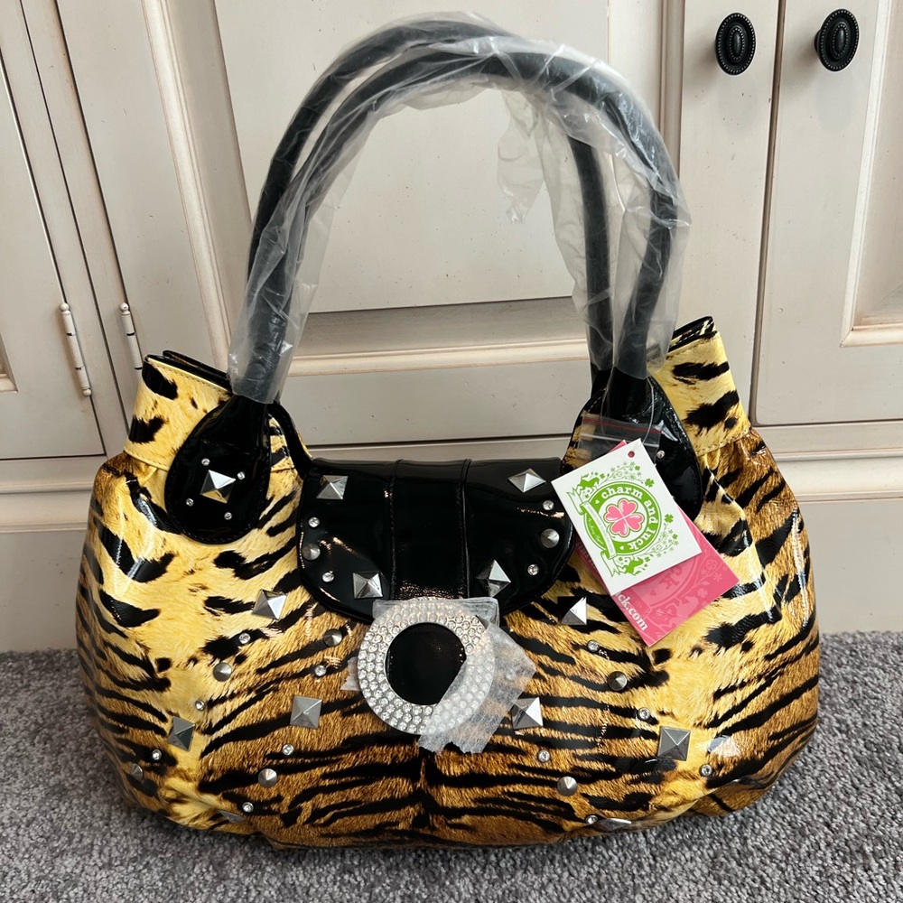 Charm and Luck Stylish Print Handbag w/Black Accents & Crystals. NWT